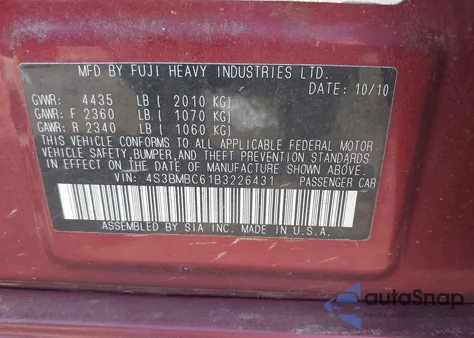 2011 Subaru Legacy 2.5I Premium from USA, damaged, VIN 4S3BMBC61B3226431